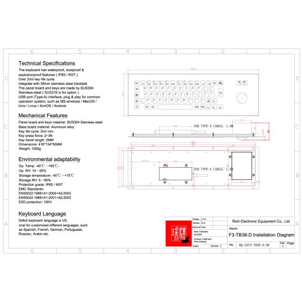 Best Price Stainless steel IP65 Water Proof Industrial Keyboard With stainless steel Trackball Vandal Proof IK07 Multiple languages