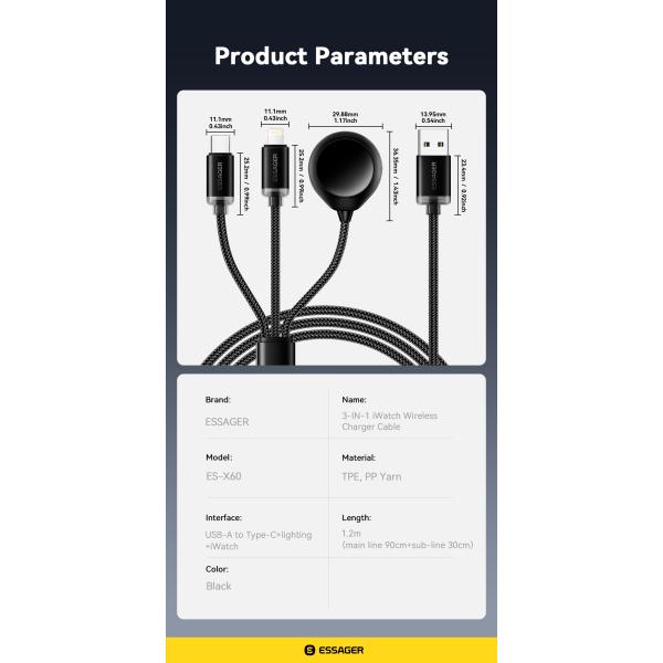 USB A To USB C + L + Watch Cable 3 In 1 Charging Cable 3A ES-X60 Series