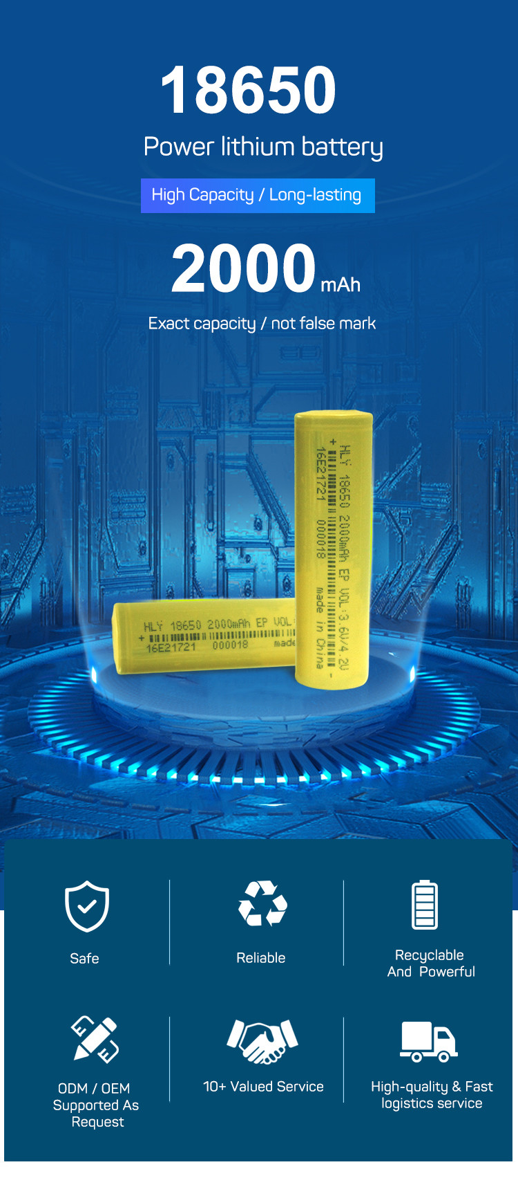 Electric Scooter 2000mAh Li Ion Cylindrical Battery Cells 3.6V 18650