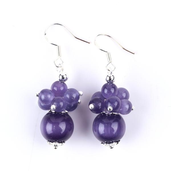 8MM Purple Cat Eye Handmade DIY Bead Dangle Flower Earring Unique Design Earring