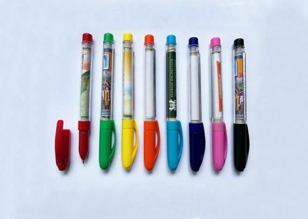 Transparent plastic banner gel ink pen in red or blue with 180mmX68mm size color