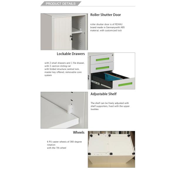 Small Assemble Metal 0.7mm Mobile Caddy Tambour Filing Cabinet 3 Drawer
