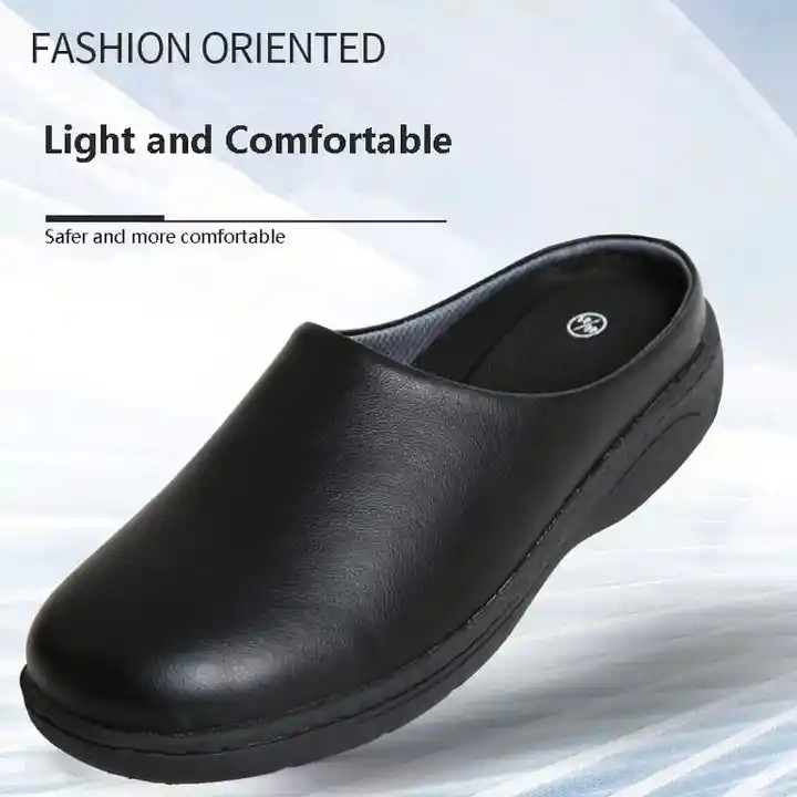 Casual Black Lightweight Nurse Shoes Non Slip Rubber Sole Slippers Waterproof Cowhide Leather Chef Shoes