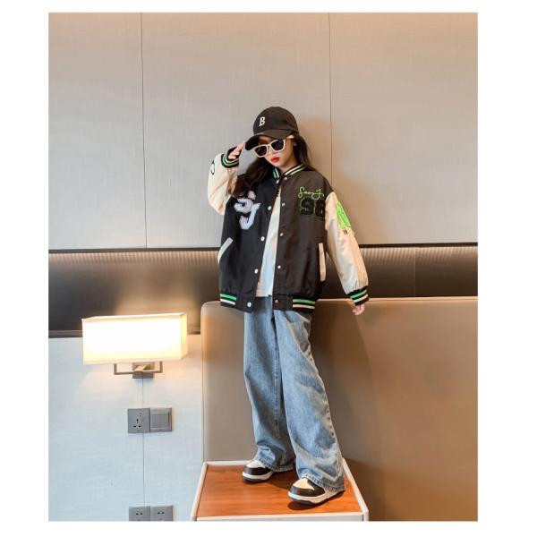 Girls Black And White Baseball Jacket Thick Patchwork Printed Sizes 120-170