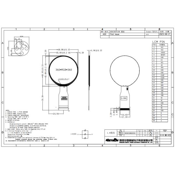 1.77 Inch Round TFT LCD Display Module 30pin MIPI Interface For Control Knobs