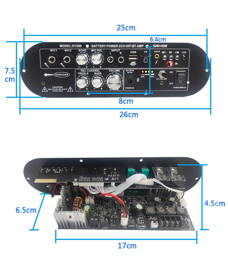 D1200 2.0 Channel 50W+50W BT Digital Amplifier Board 12V Rechargeable Subwoofer for Car Home DJ Use"