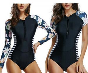 Wholesale Women Floral Stripe Swimwear Rash Guard Swimsuit Long Sleeve Bikini Bathing Suit from china suppliers