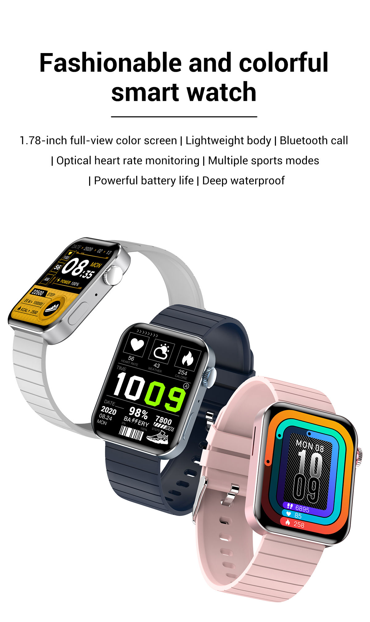 Full Touch Screen 1.78inch Bluetooth Health Watch Heart Rate Sensor