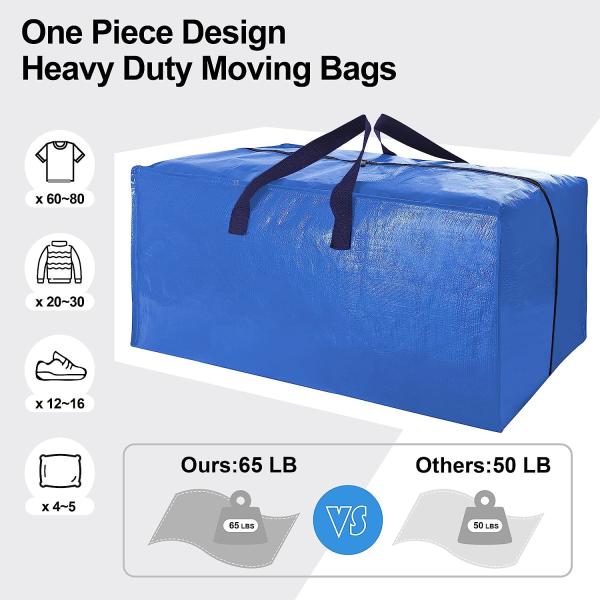 Heavy Duty Extra Large Moving Bags W/Backpack Straps - Strong Handles & Zippers, Storage Totes For Space Saving