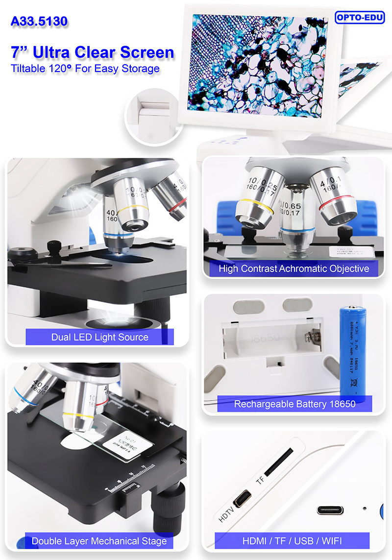 OPTO-EDU A33.5130 7" LCD Digital Microscope 55x-550x Magnification 8.0M CMOS