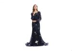 Dark Blue Lace Long Sleeve Ball Gowns , Sweep Train Elegant Long Sleeve Dresses