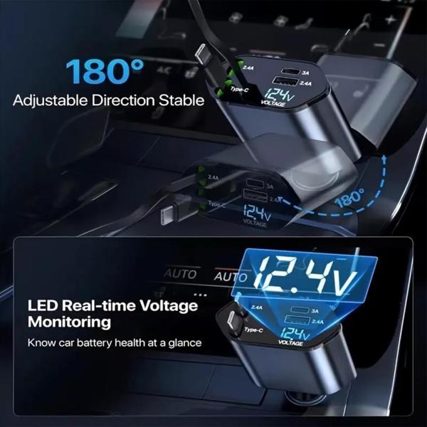 4IN1 Car Fast Charger USB Type C Cable For IPhone Huawei Samsung Cigarette Lighter