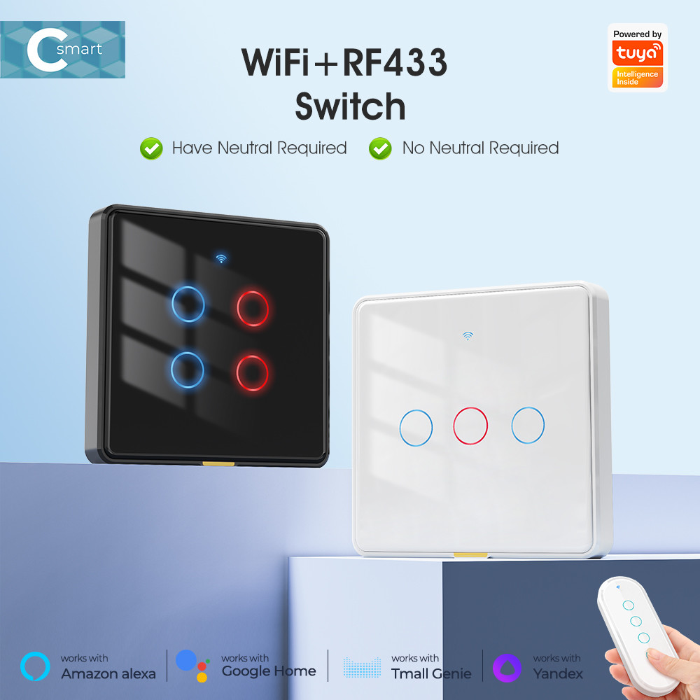 Tuya WiFi switch RF433 control Timing Voice App Alexa, Google Home Smart Home No Neutral Wire WiFi EU Wall Switch
