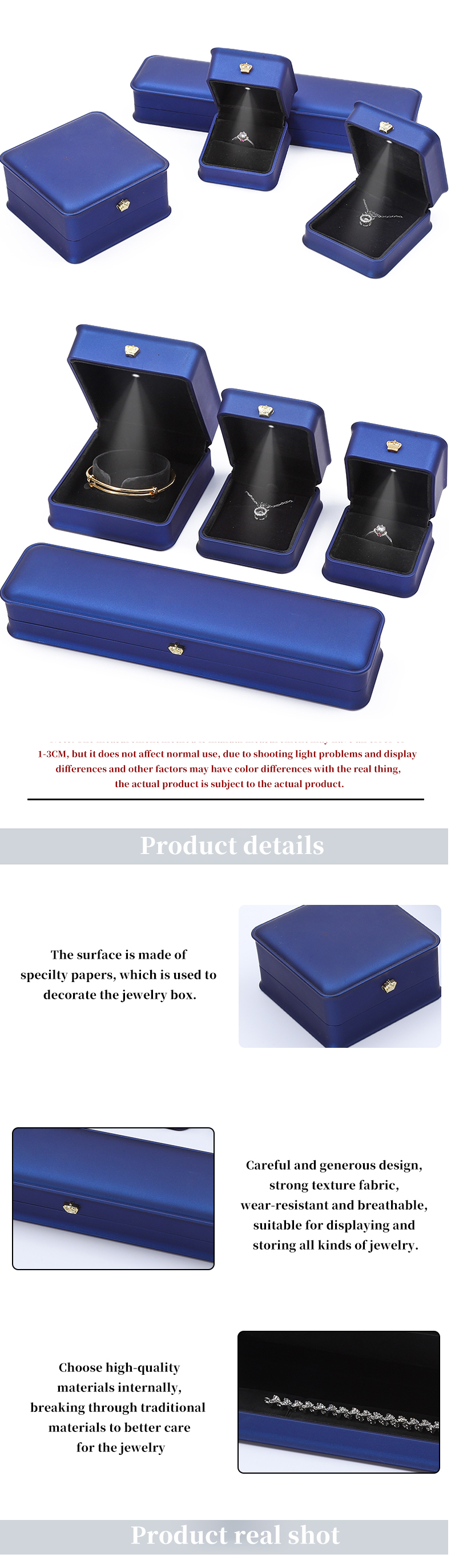 Soft Convex PU Leather LED Jewelry Storage Box Luxury Jewelry Case Dark Blue Color