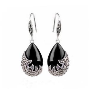 Wholesale Vintage Sterling Silver Black Onyx with Marcasite Dangle Drop Earrings (E12033BLACK) from china suppliers