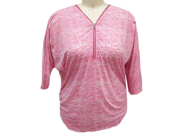 1/2 Length Batwing Sleeves Ladies Casual T Shirt Half Zipper V Neck Snow Mélange