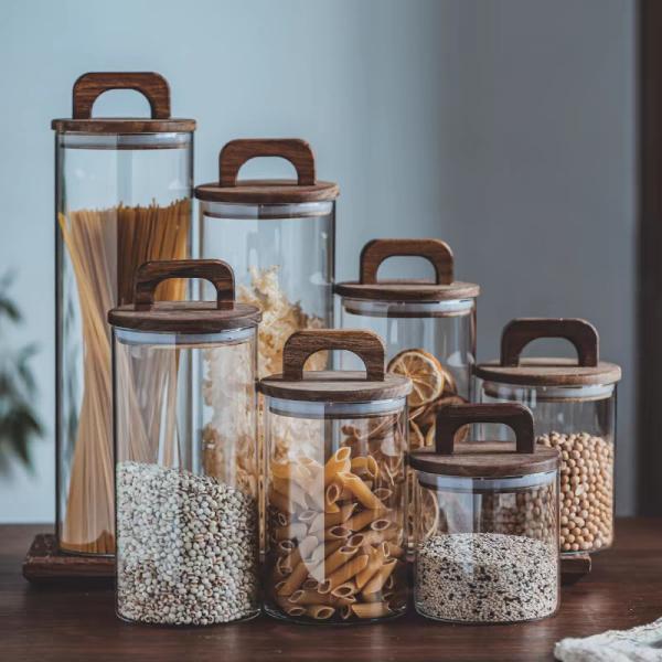 Food Storage Container High Borosilicate Glass Kitchen Jar with Wooden Bamboo