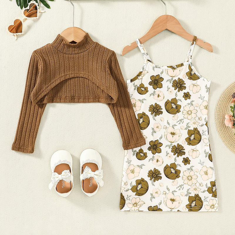 Spring Children'S Clothing Girls Long Sleeve Knitted Top Printed Skirt Two Piece Set