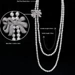 Women White Shell Pearl Double Strands Sweater Necklace with Cubic Zirconia Bow