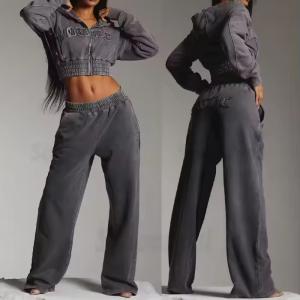Wholesale Custom Women Sweatsuit Acid Wash Zip Applique Distressed Embroidery Patch Cropped Hoodie and Sweatpants from china suppliers