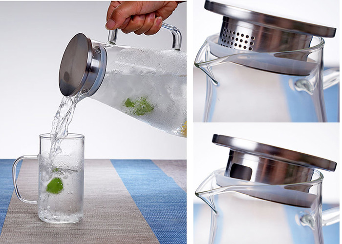 304 Stainless Steel Lid Clear Glass Water Pitcher , Hot Water Glass Pitcher