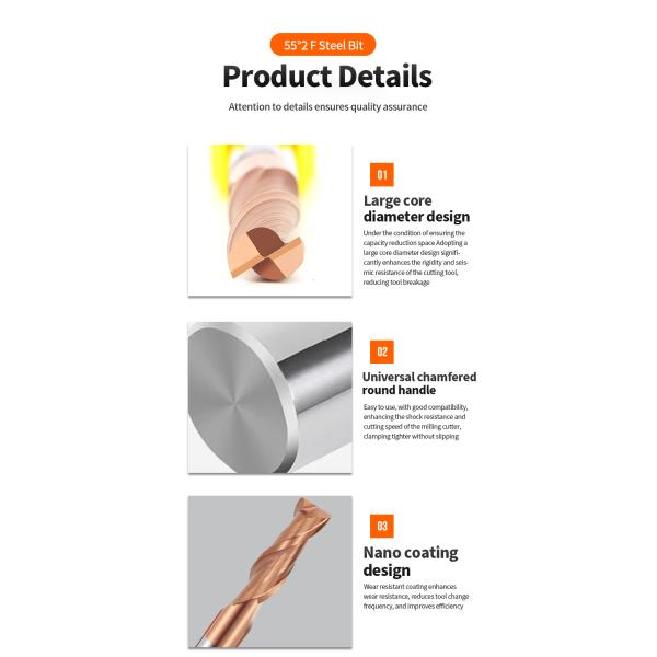 OEM Customizable Metal Milling Cutter HRC55 Solid Flat End Mill 2 Flute