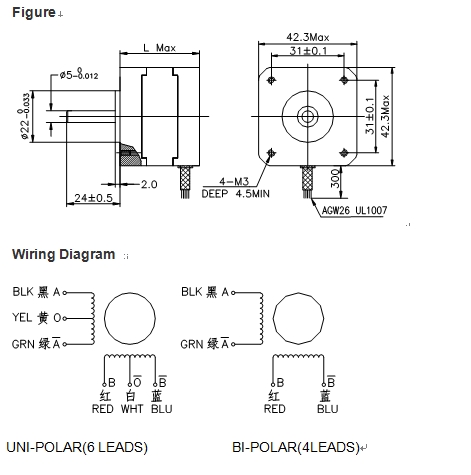 NEMA17 BY42HS40-046 28N.cm 0.4A 6wires stepping motor