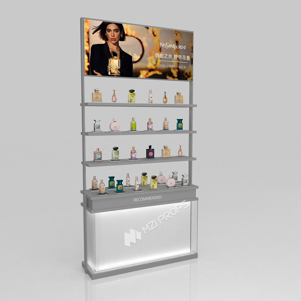 Skincare Shop Shelf Grey Wooden Laminated Display Cabinet For Space-Saving Shop Display And Fashion-Forward Store Interior Design