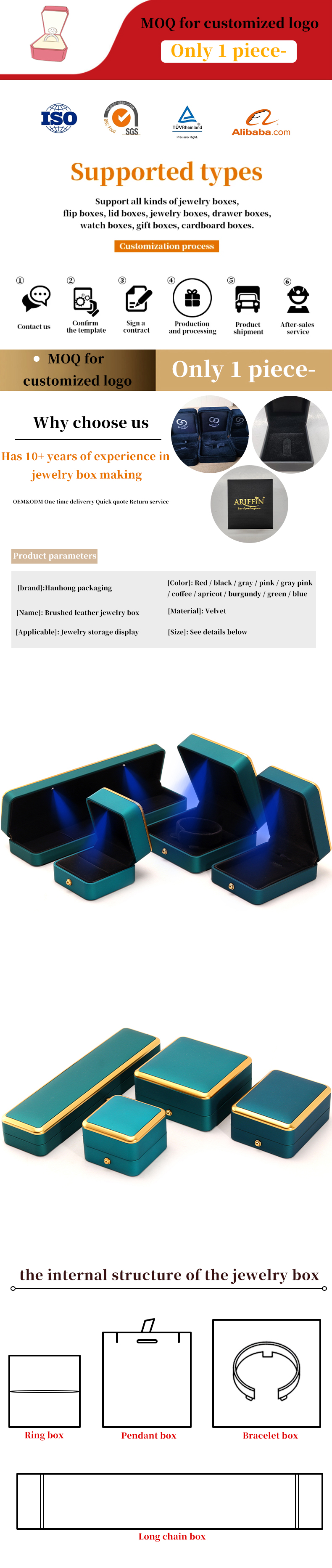 Light Green LED Plastic Velvet Jewelry Box for Custom in Square Luxury Elegant Style