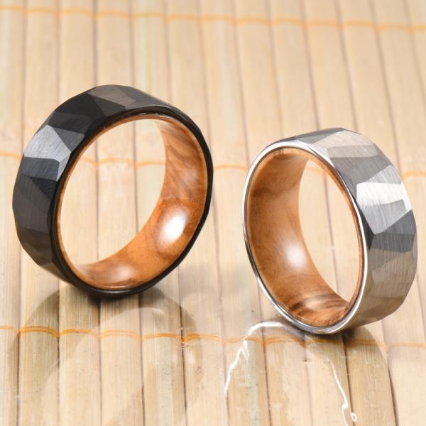 Sample Making Service Provided 8mm Faceted Silver Black Wedding Band Olive Wood Sleeve Inlay Tungsten Ring for Men Women