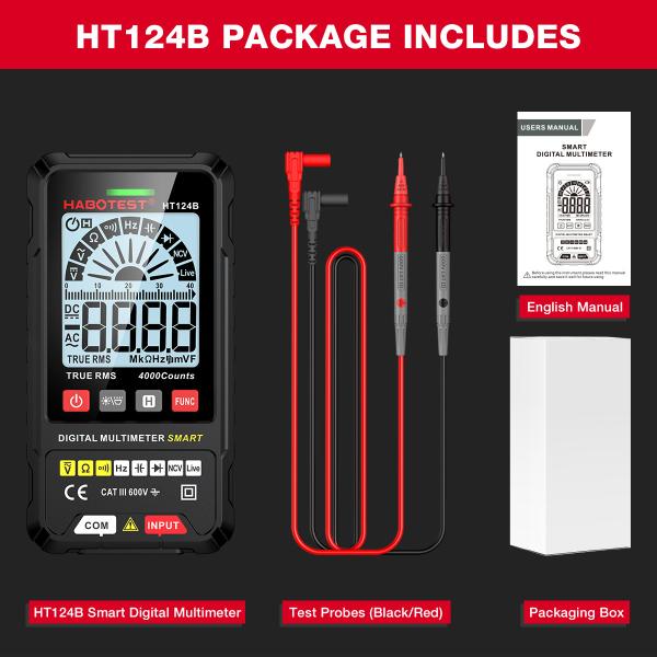 HT124 Digital Multimeter 4000 Counts Auto Range Voltage Tester Ohm Hz Capacitance True RMS AC DC DMM Multitester