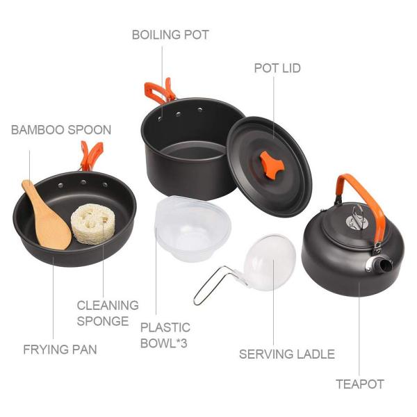 Sustainable 8Pcs Camping Cookware Mess Kit Portable Picnic Pot Pan