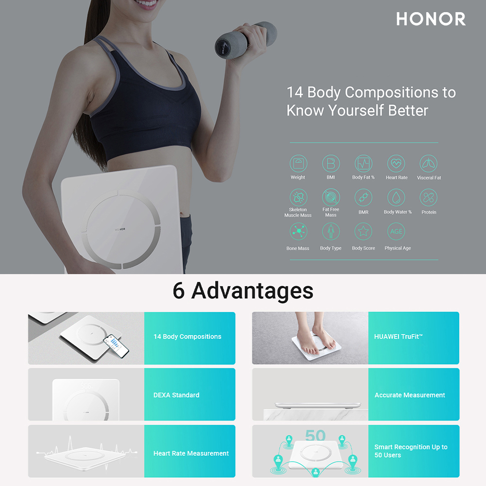 Honor Body Composition Scale 2 Standard 14 Body Analyzer Monitor Rate Heart Rate Measurement Honor Body Fat Scale 2