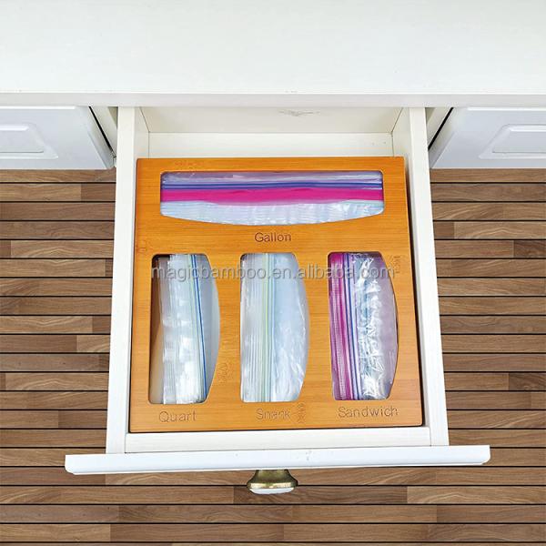Versatile Bamboo Ziplock Bag Storage Organizer for Kitchen Countertop Classification