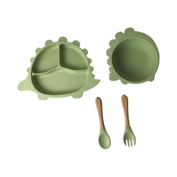 Dinosaur Shape Silicone Eating Utensils Set Dishes Customized For Baby Feeding