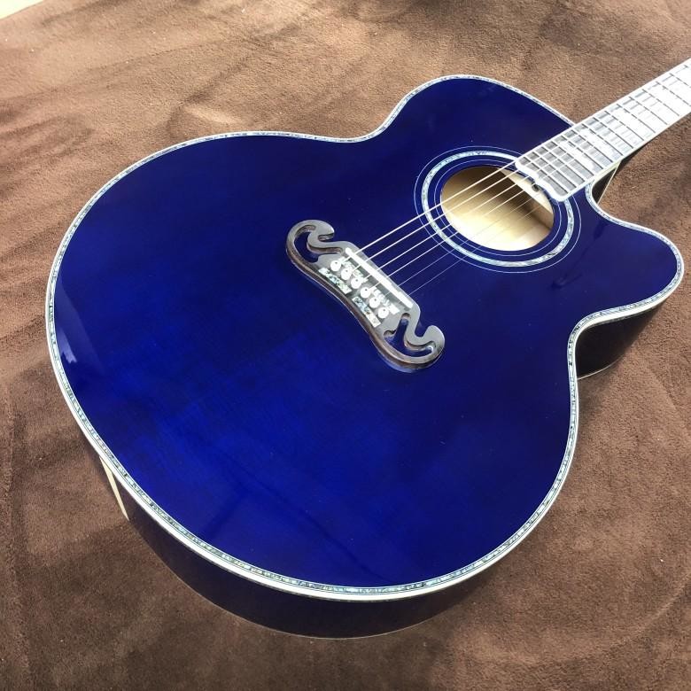 Custom 43 Inch Sky Blue Lacquered Solid Wood Polished Jumbo Flamed Maple Back Side Cutaway Acoustic Guitar