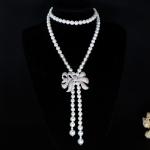 Women White 8mm Shell Pearl Starnds Tassel Necklace with Cubic Zirconia Bow