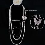 White Shell Pearl Double Strands Sweater Necklace with Cubic Zirocnia Butterfly