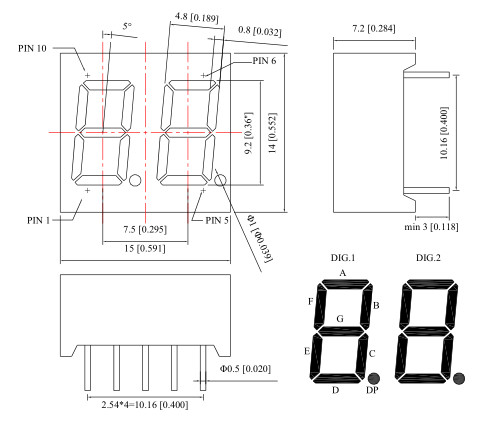 2 Digit Numeric 7 Segment LED Displays 0.36 Inch GaP Chip Low Power Consumption