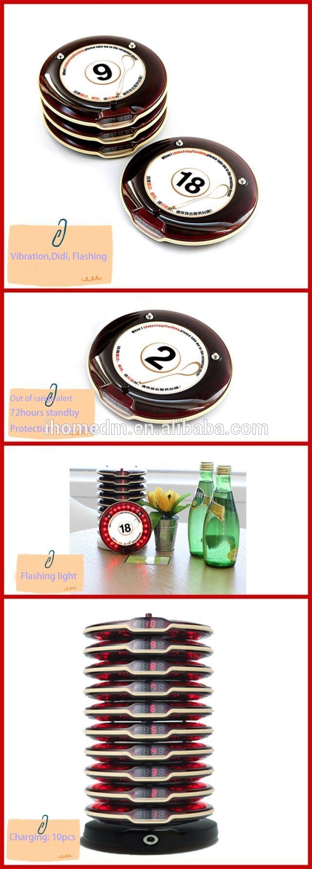 2018 hot sales anti fall restaurant and kitchen wireless pager system transmitter with 10 red digital coaster pagers