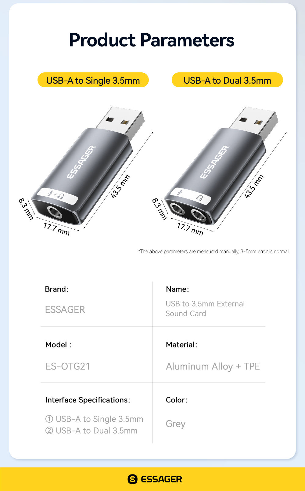 ESSAGER ES-OTG21 USB A To 3.5mm Aux Jack Audio Adapter Support Sound Card