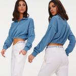 Zip front crop sweater long sleeves blue