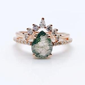 Wholesale Natural Moss Agate Ring Set For Women Pear Shaped Gold Ring For Women from china suppliers