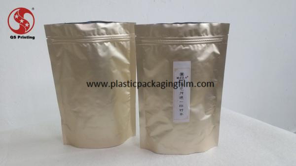 Golden Based Color Flat Bottom Resealable Foil Pouches For Tea / Coffee