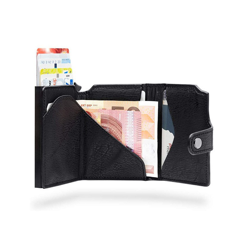 Convenient Carbon Brazed Three-Fold Automatic Card Holder Genuine Leather Men's Wallet
