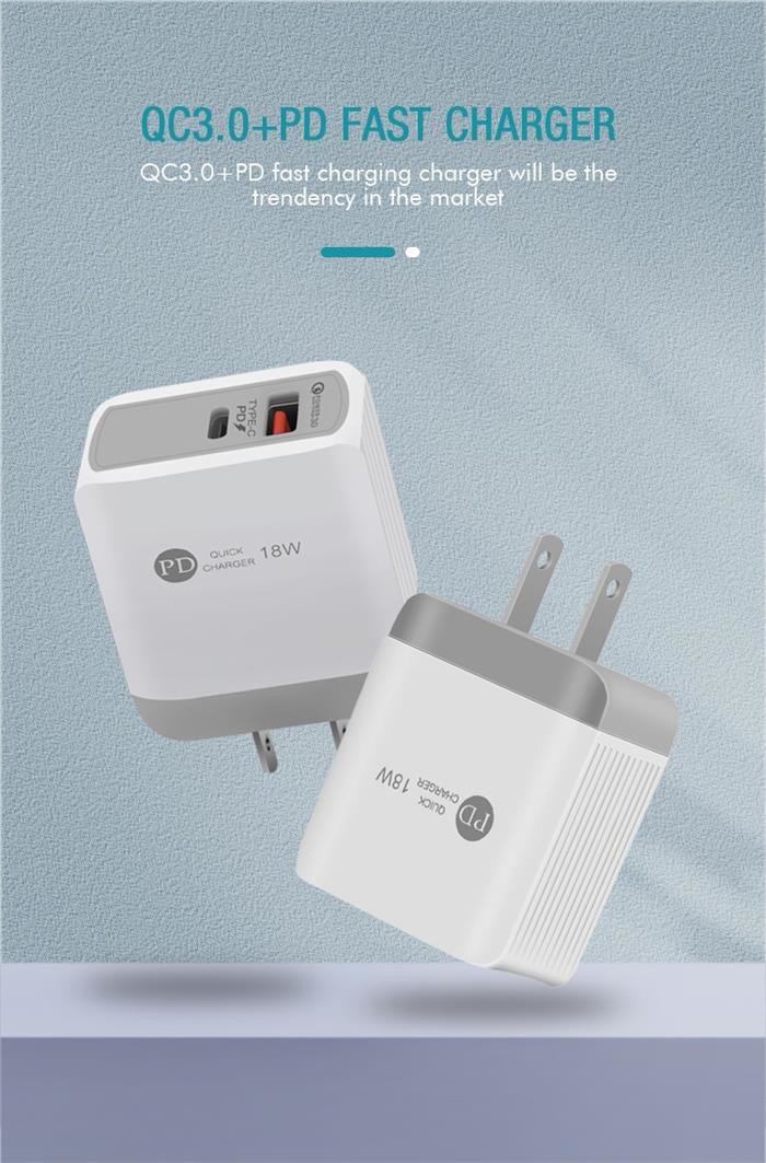 2 Ports USB C PD Wall Charger , QC 3.0 18W USB Type C Wall Adapter For IPhone 12