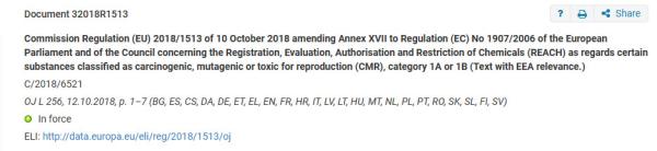 Entry 72 of Commission Regulation (EU) 2018/1513 amending Annex XVII of REACH
