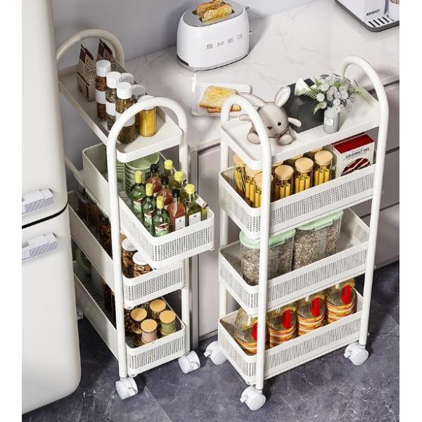 White Silent Pulley All Metal Fridge Side Storage Rack Small Footprint And Large Space