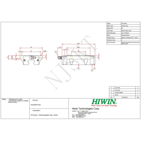 HIWIN HGW20HC Linear Guideway Linear Motion Slide For NC Lathes