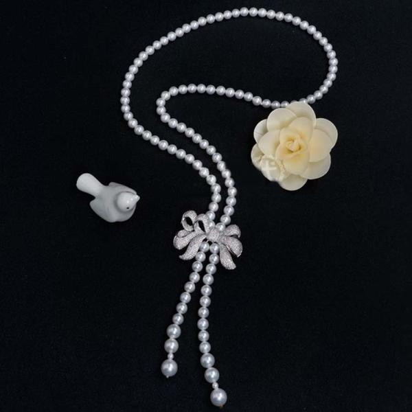 Women White 8mm Shell Pearl Starnds Tassel Necklace with Cubic Zirconia Bow